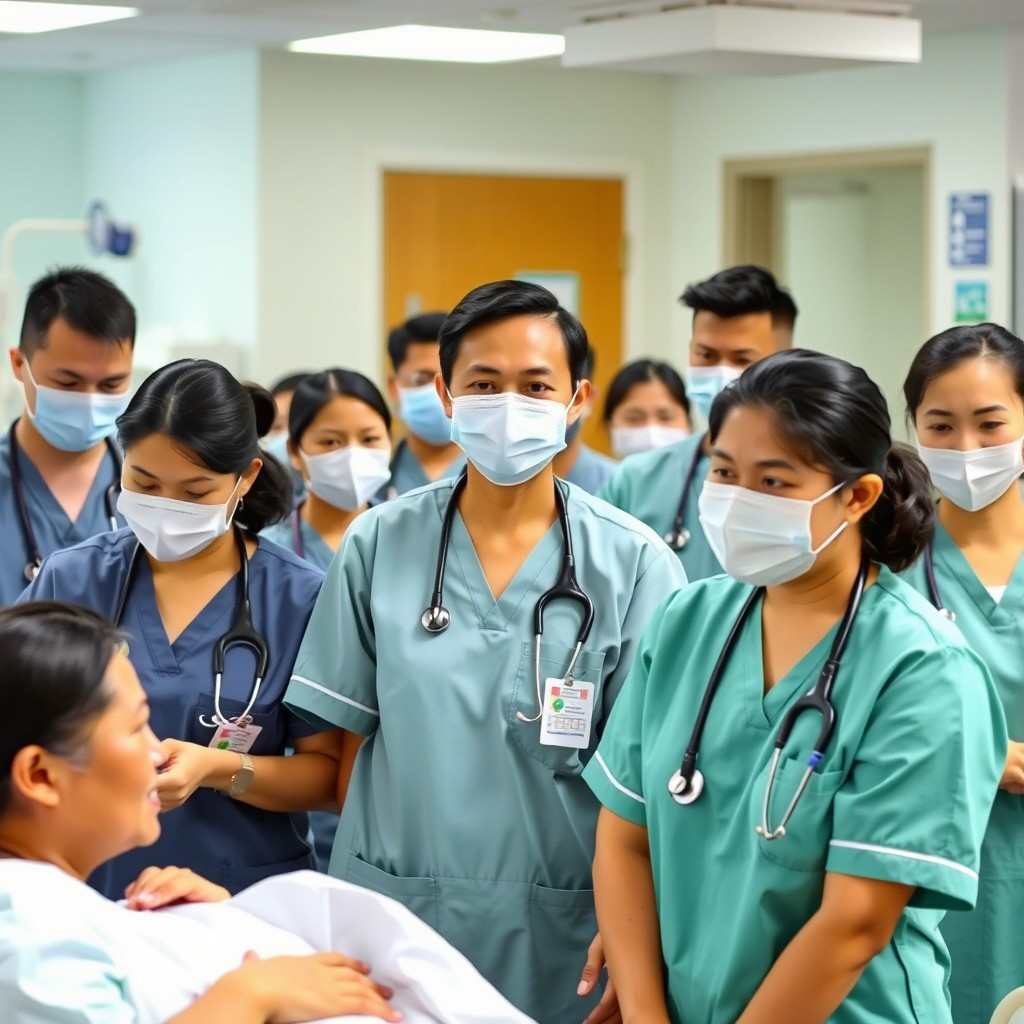 A group of Filipino nurses in a hospital setting, wearing scrubs and masks, engaged in caring for patients