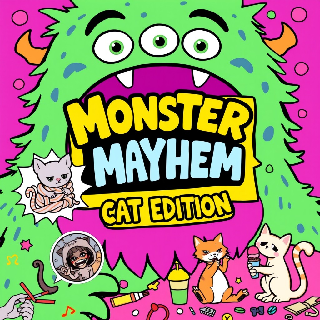 A playful front cover design for 'Monster Mayhem: Cat Edition', featuring a big, silly monster with bright, expressive eyes, surrounded by vibrant, bold colors like lime green, purple, teal, and pink
