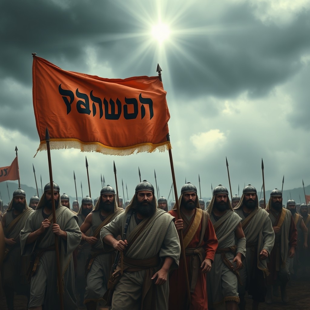A dramatic scene of Hebrew warriors dressed in ancient tunics, marching with spiritual order under a flag displaying the name Yahweh in Hebrew letters
