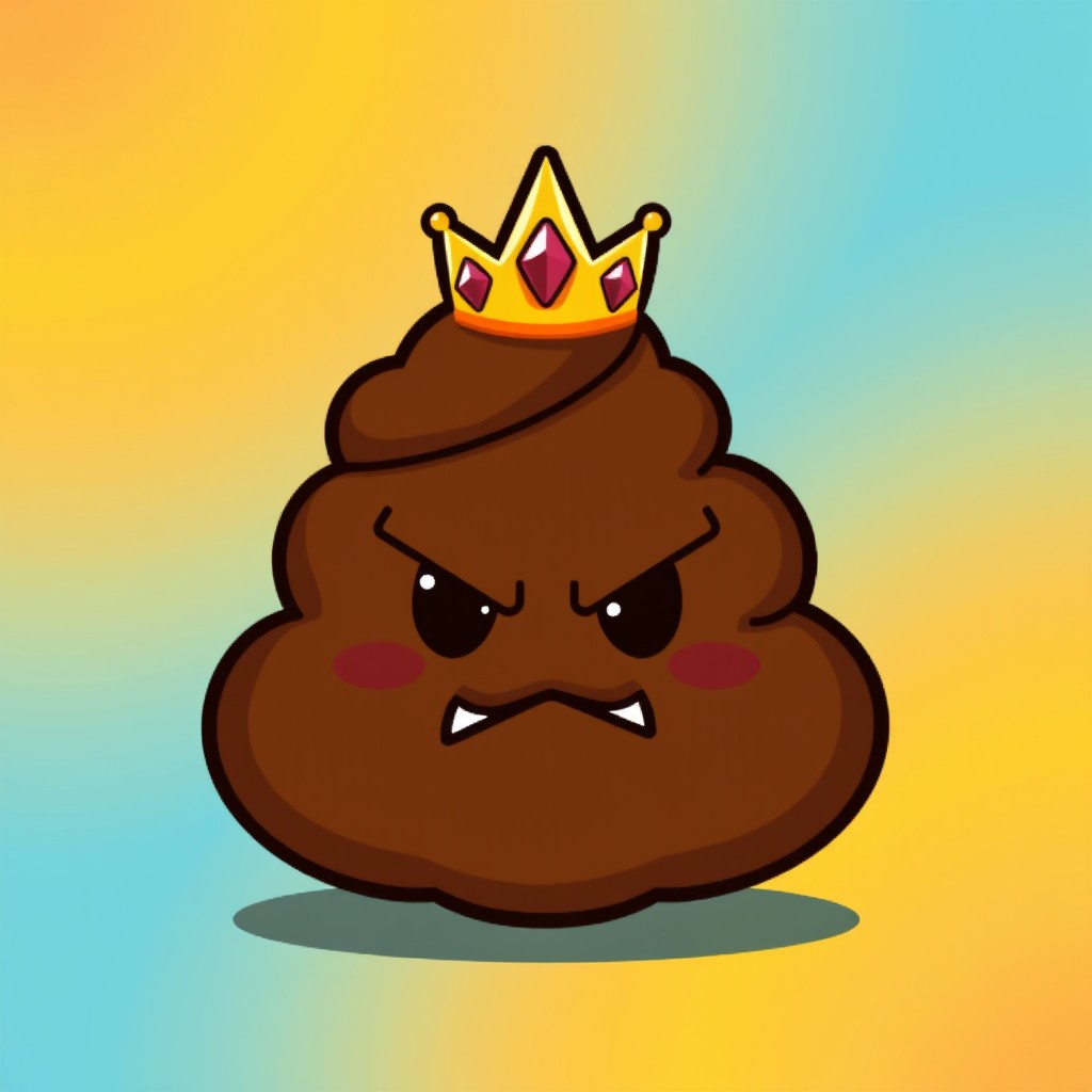 A simple, pixel art style poop emoji with a mischievous expression, wearing a small, shiny crown atop its head