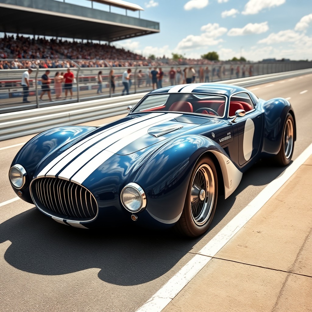 A sleek, modern car design inspired by the classic aesthetics of 1930s race cars, featuring a smooth, streamlined body, retro curves, and large chrome accents