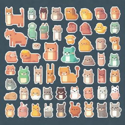 Create adorable stickers featuring pixel art versions of various animals and creatures.