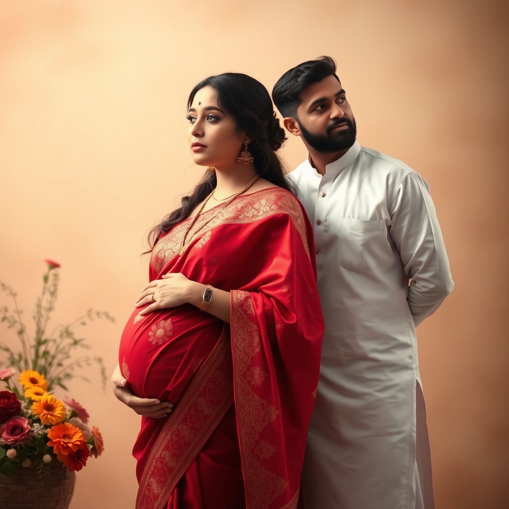 A beautiful, serene portrait of a pregnant Hindu woman, deep in thought, radiating peace and strength
