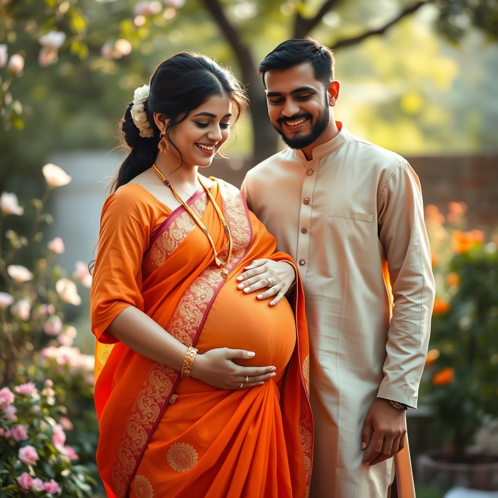 A heartfelt scene capturing a Hindu woman in a traditional orange saree with intricate gold embroidery, gently cradling her pregnant belly, showcasing her glow and anticipation