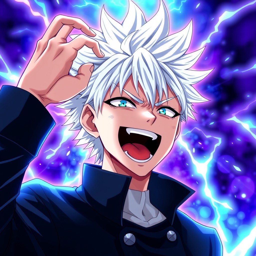 An anime-style illustration of a white-haired young man with spiky hair and bright blue eyes, wearing a black high-collar jacket