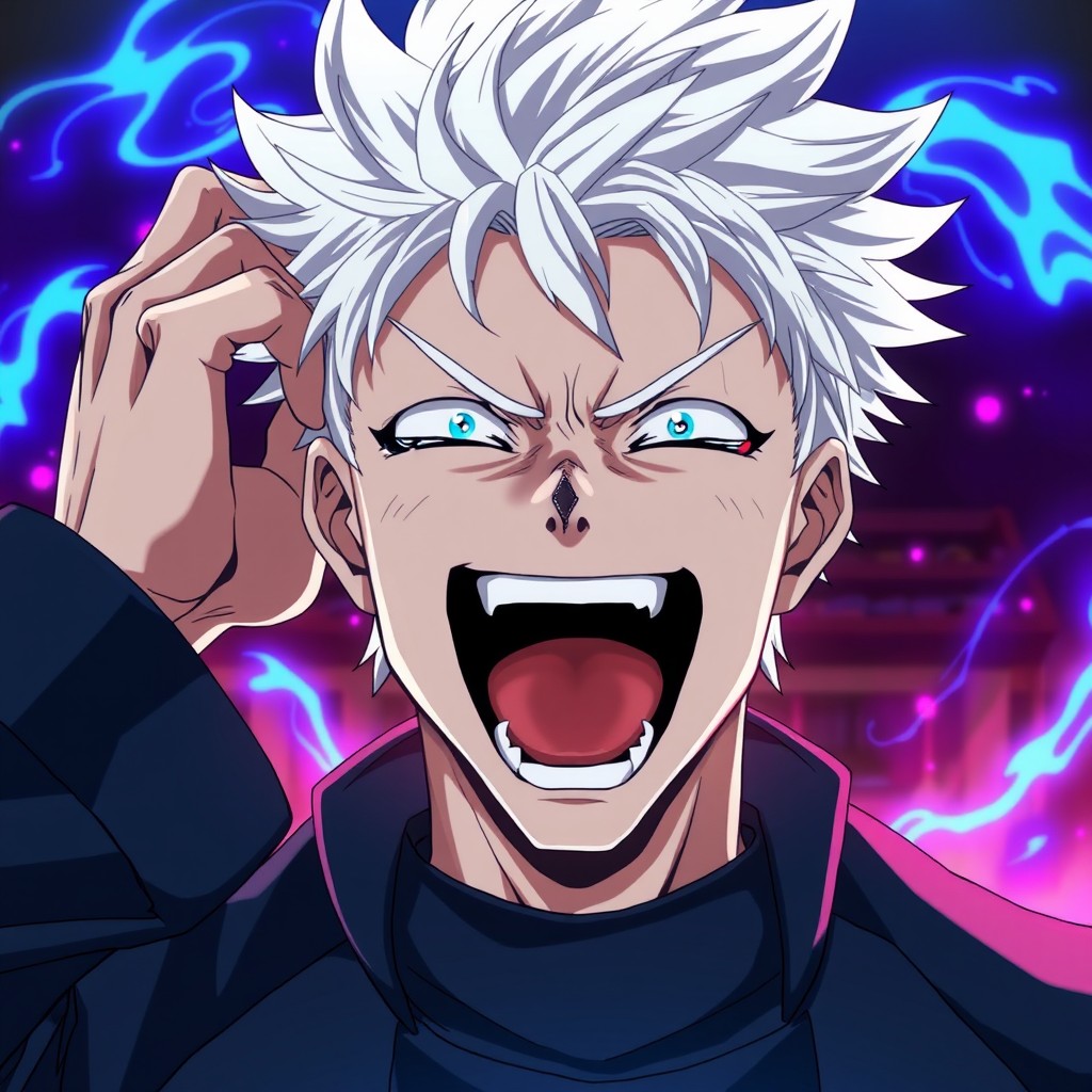 A high-quality anime-style portrait of a powerful young man with messy, spiky white hair and piercing light blue eyes