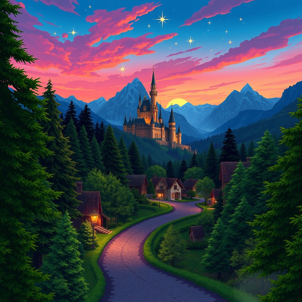 A magical view from a forest thicket, showcasing a winding road leading through a quaint village towards a majestic castle nestled in the mountains