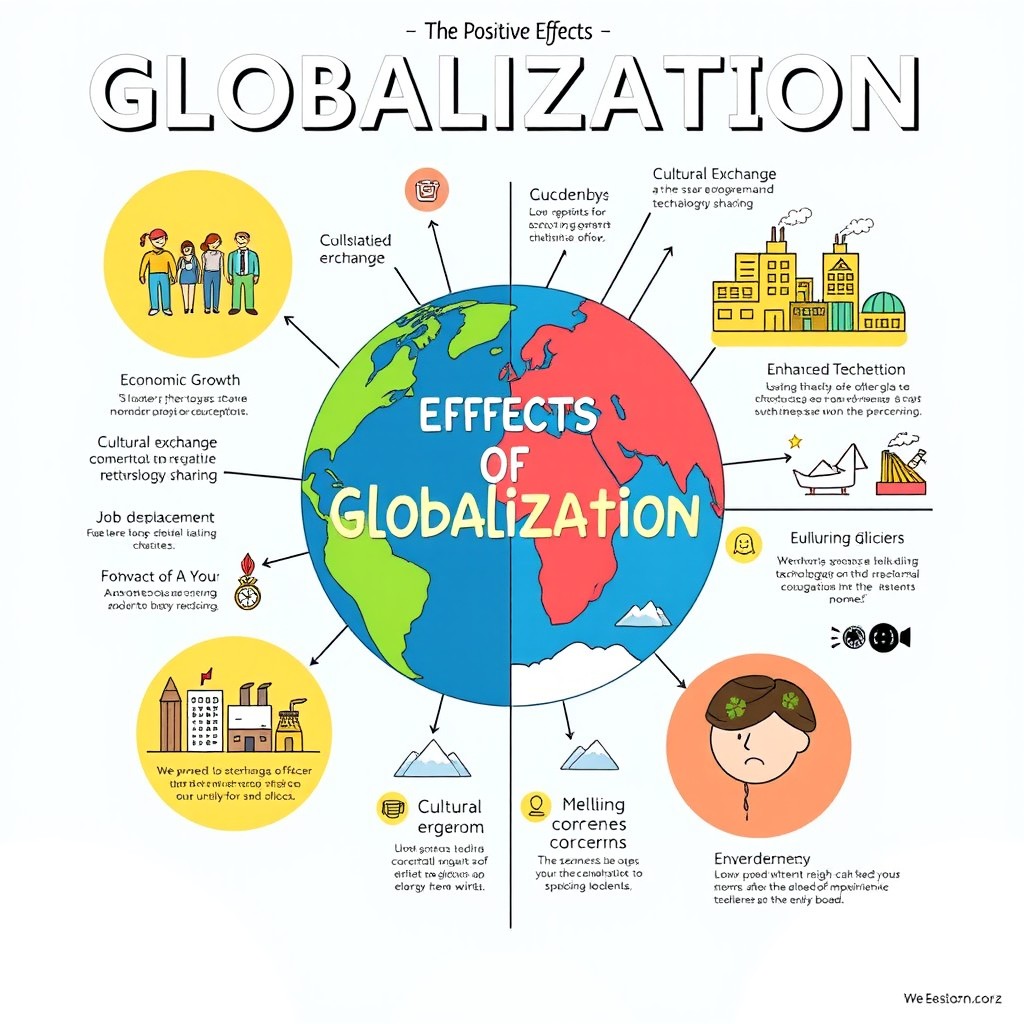 An engaging and informative infographic poster drawing showcasing the positive and negative effects of globalization