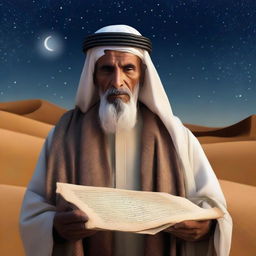 A wise, aged Arabian individual wearing traditional attire, under a starlit desert sky with an ancient scroll unfurled.