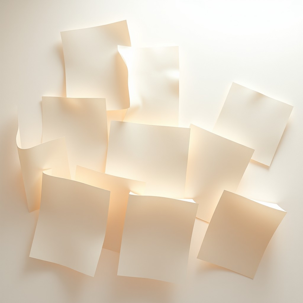 An abstract representation of pages without numbers, showcasing a variety of blank sheets, some slightly wrinkled, others crisp and pristine, all floating against a soft gradient background that gives a dreamy feel