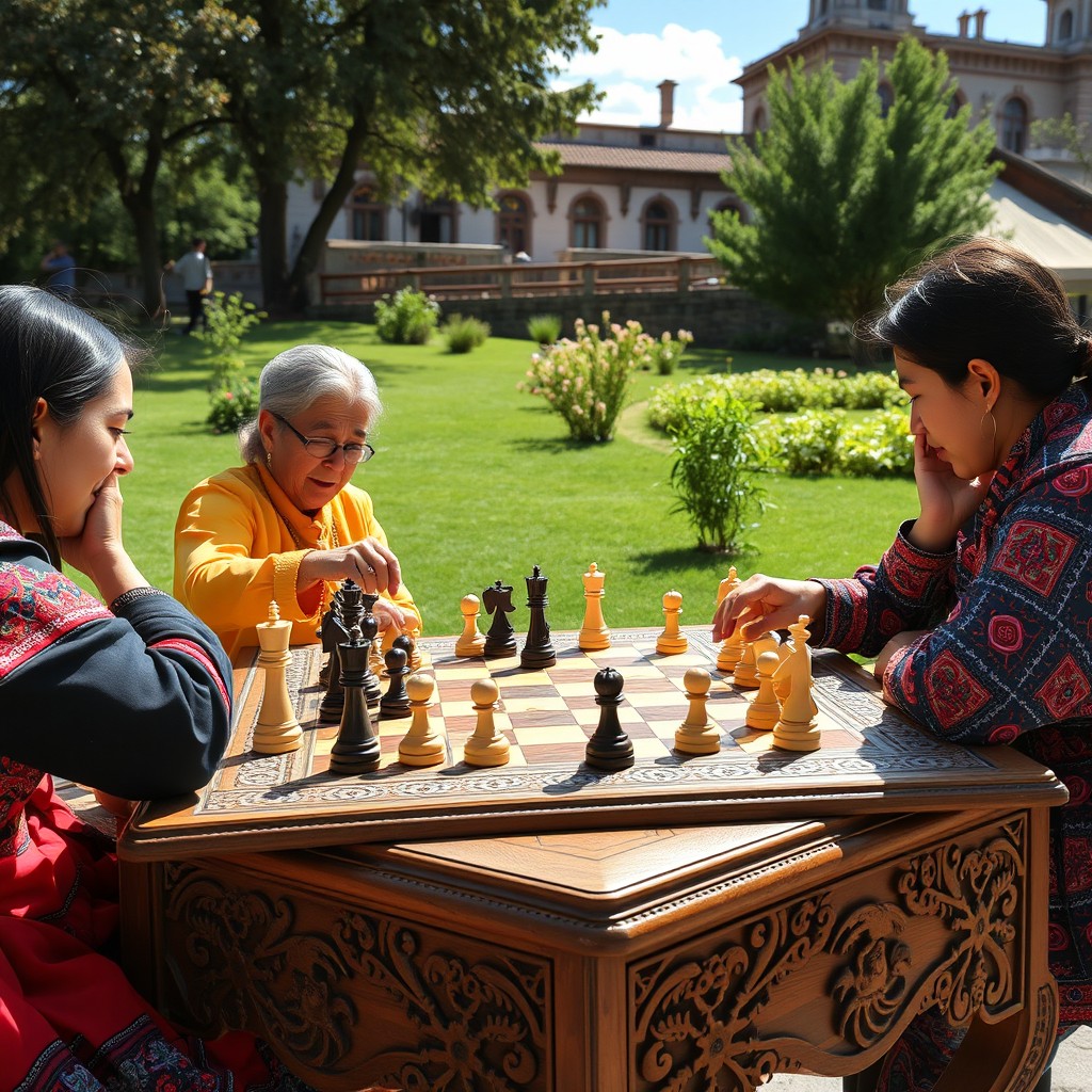 A vibrant and dynamic scene of a traditional Armenian chess tournament taking place outdoors