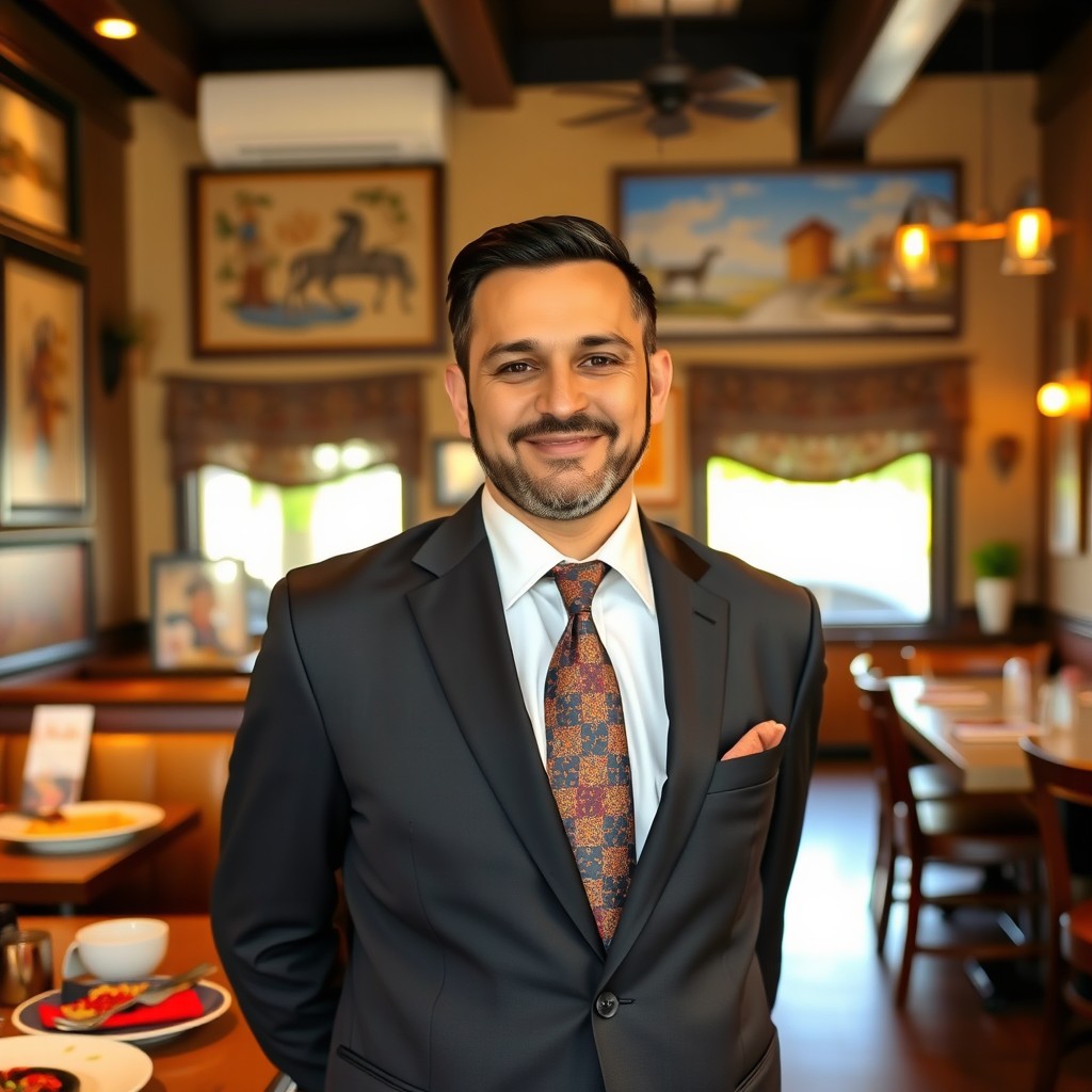 An Armenian restaurateur, dressed in stylish, smart attire, standing confidently in a cozy, inviting restaurant