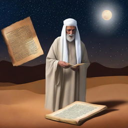 A wise, aged Arabian individual wearing traditional attire, under a starlit desert sky with an ancient scroll unfurled.