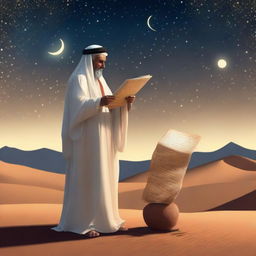 A wise, aged Arabian individual wearing traditional attire, under a starlit desert sky with an ancient scroll unfurled.