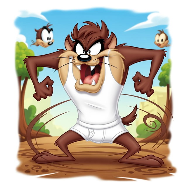 Taz the Tasmanian Devil from Looney Tunes, depicted in a playful and energetic manner, wearing a snug white tank top and white underwear