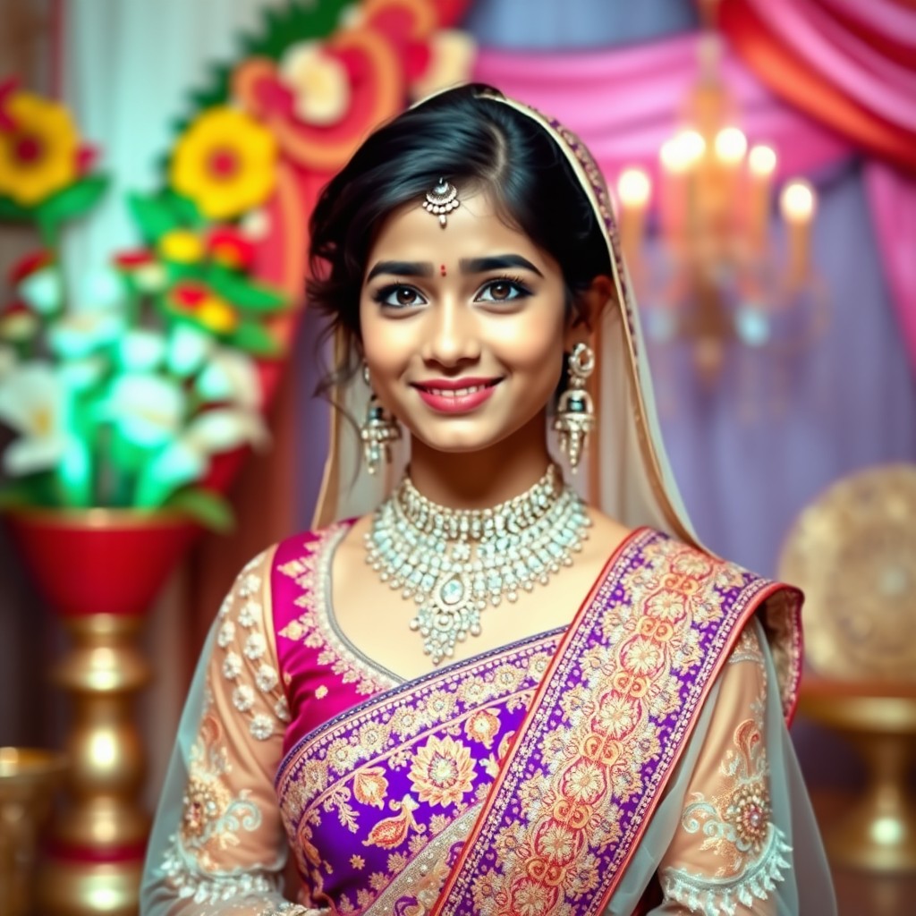 A photo-realistic image of a young Indian bride in traditional attire, specifically a beautiful lehenga styled outfit, adorned with intricate embroidery and vibrant colors
