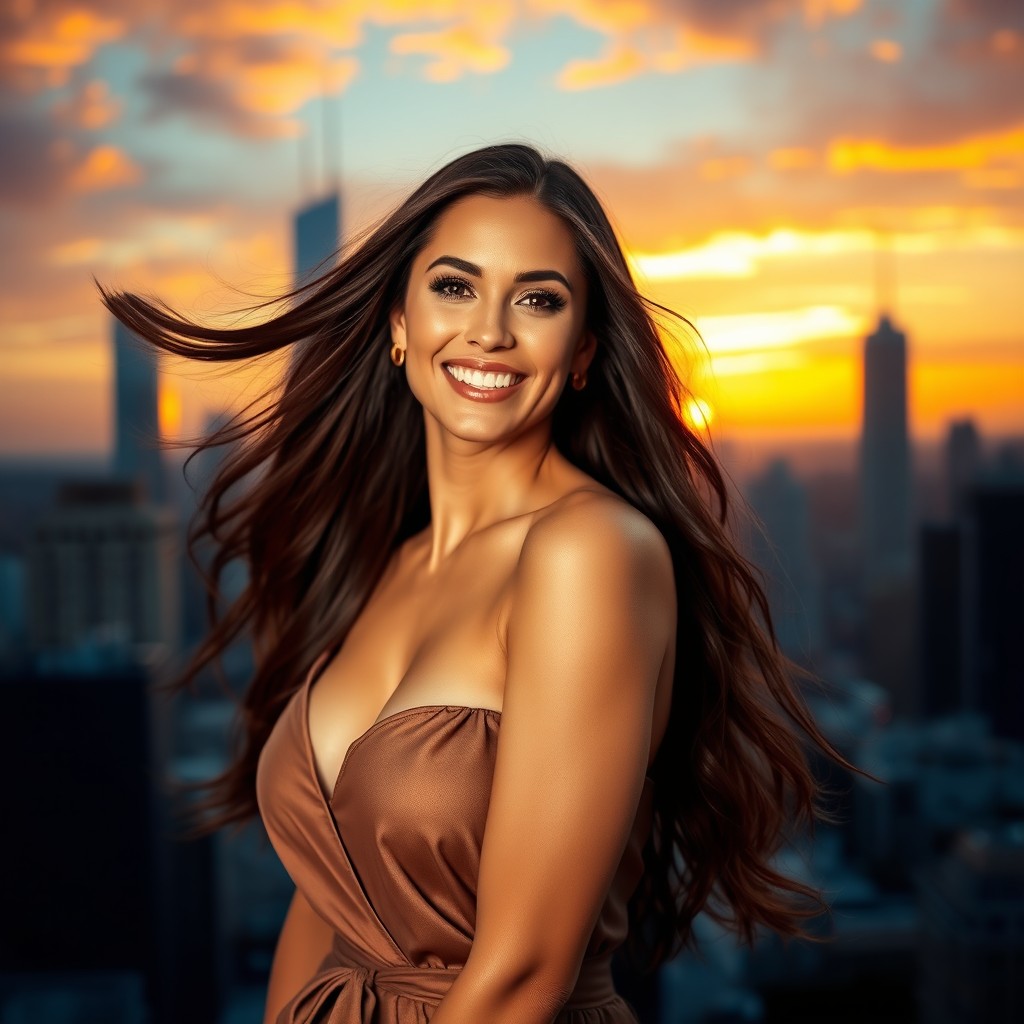 A beautiful, attractive woman exuding confidence and allure, with flowing long hair and a stunning outfit that highlights her figure
