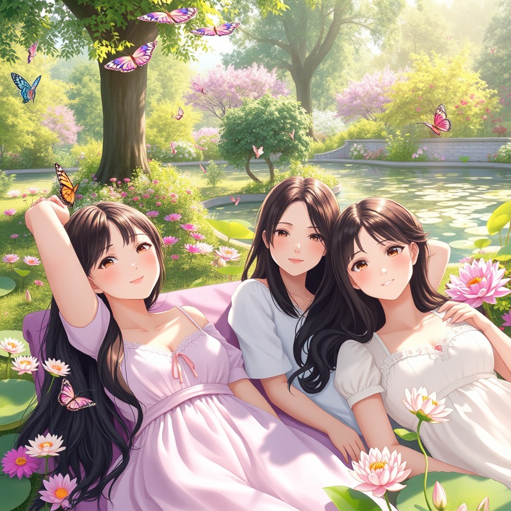 A serene and tranquil scene featuring beautiful girls lounging in a peaceful garden filled with vibrant flowers and lush greenery