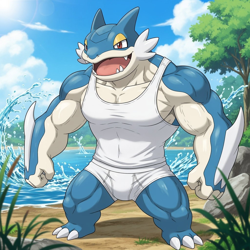 A muscular male Feraligatr from Pokémon, depicted in a fun and dynamic pose, wearing a snug white tank top and white underwear