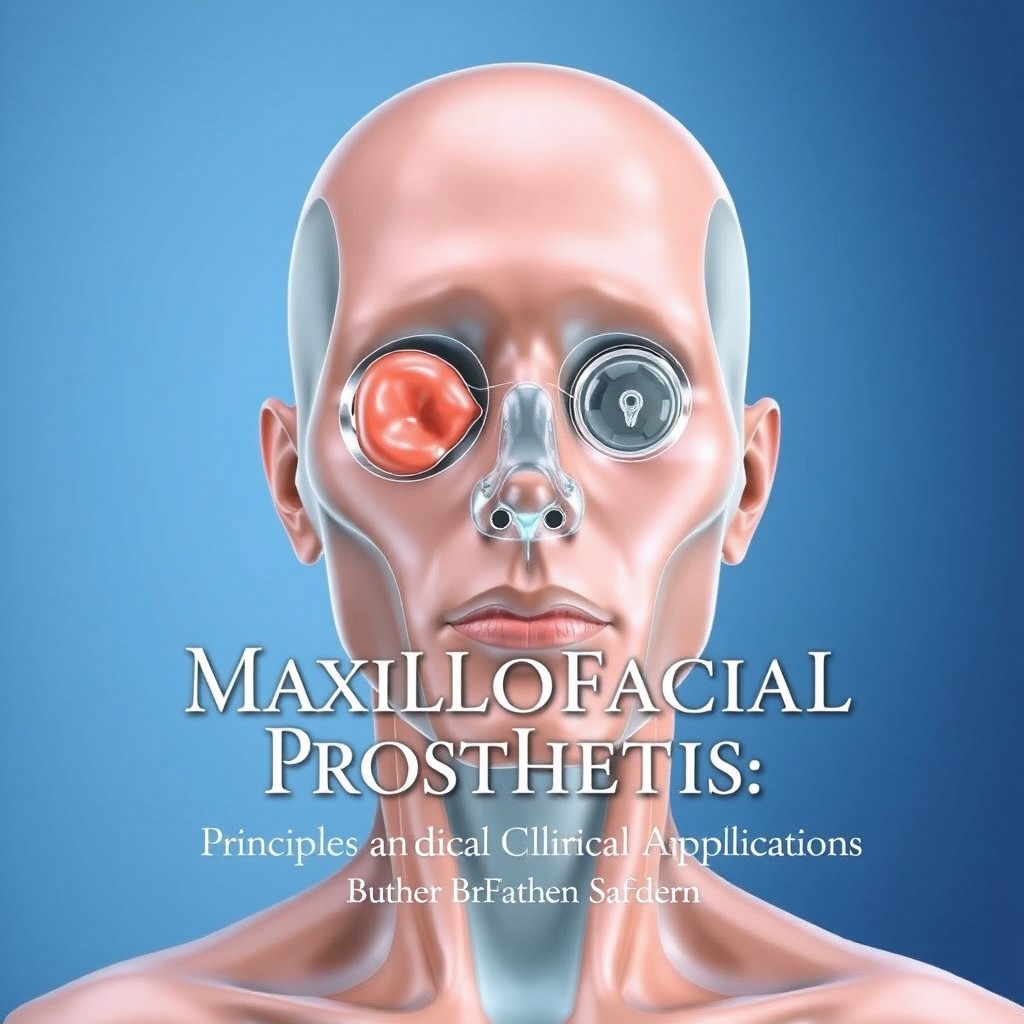 Cover of a medical textbook titled "Maxillofacial Prosthetics: Principles and Clinical Applications" featuring a realistic 3D anatomical model of a human face