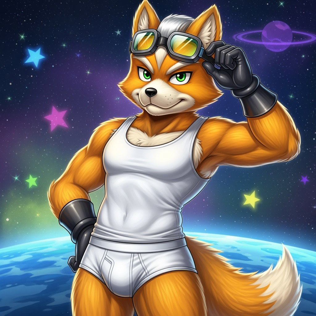 A vibrant depiction of Fox McCloud from Star Fox, styled as an anthropomorphic fox with a confident and adventurous pose