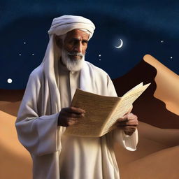 A wise, aged Arabian individual wearing traditional attire, under a starlit desert sky with an ancient scroll unfurled.