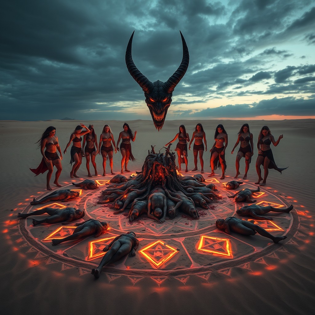 In a desolate desert under a foreboding sky, a chilling scene unfolds at the center of a magic circle drawn meticulously in the sand with glowing ash