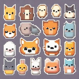 Create adorable stickers featuring pixel art versions of various animals and creatures.