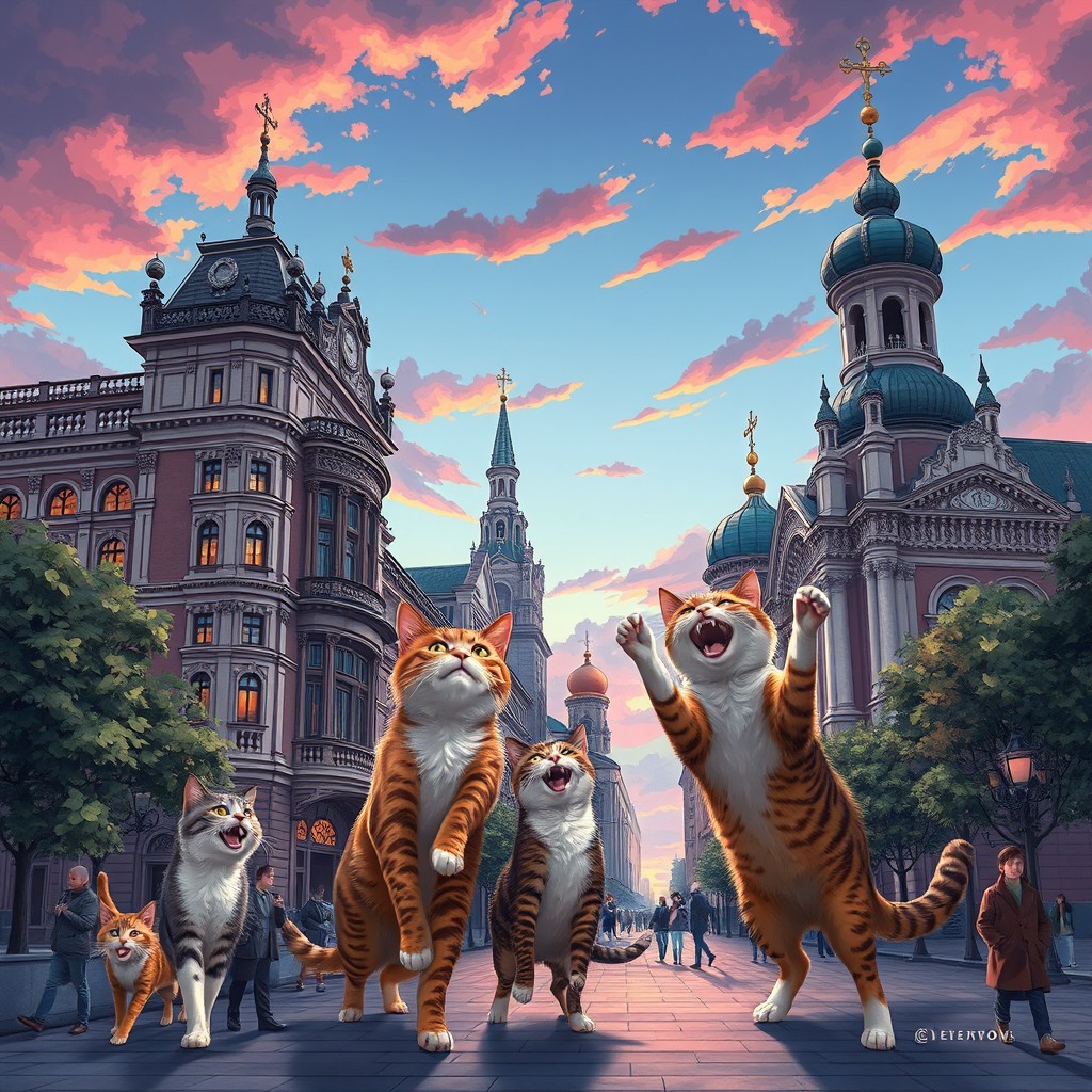 A captivating illustration featuring gigantic cats interacting playfully with the stunning architecture of Yekaterinburg, Russia