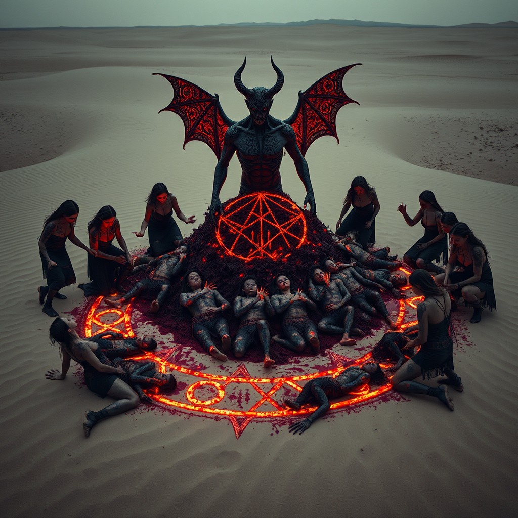 In a barren desert, a haunting and grotesque scene unfolds centered around a pile of corpses soaked in blood, encircled by a magic circle meticulously drawn in the sand with glowing ash