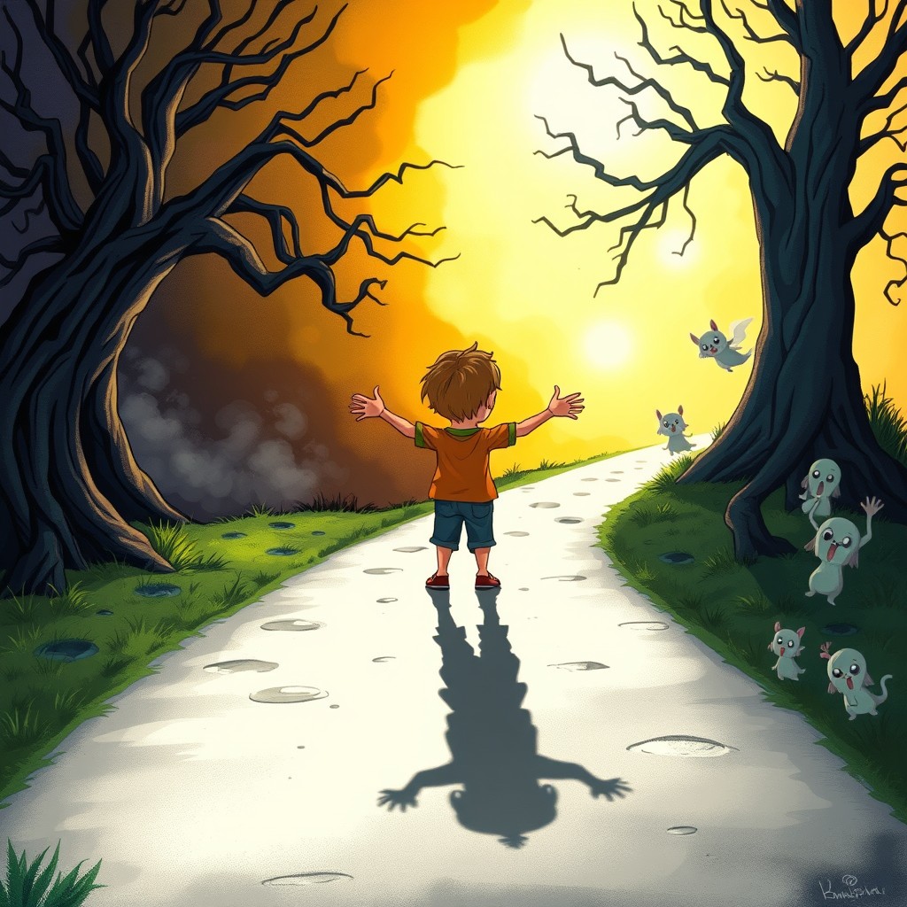 A whimsical illustrated cartoon scene of a crossroads, featuring one side dark and eerie with twisted trees and a foggy atmosphere, while the other side is somewhat frightening yet brighter, with a hint of adventure