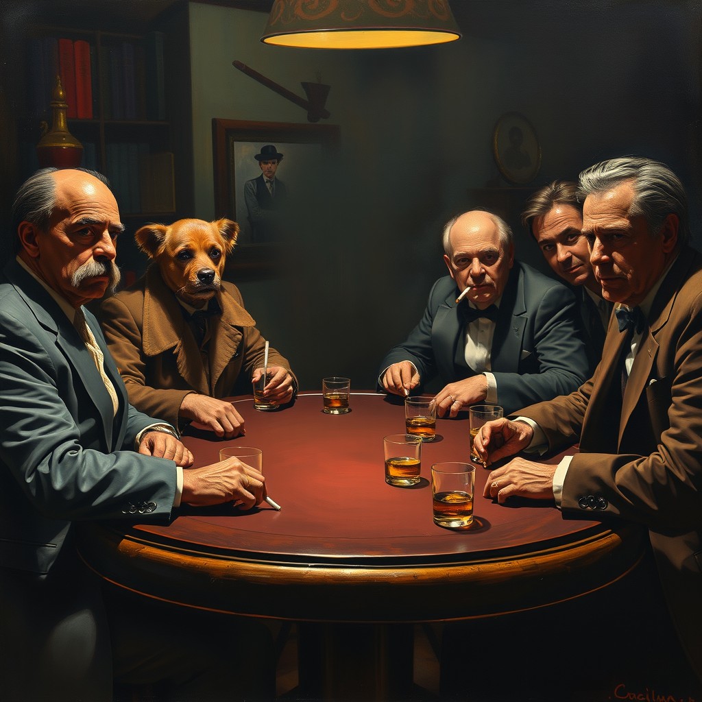 An artistic painting inspired by the famous work 'Dogs Playing Poker' by Cassius Marcellus Coolidge, featuring iconic characters: Don Vito Corleone, Tony Montana, Tony Soprano, Jimmy Conway, and Thomas Shelby
