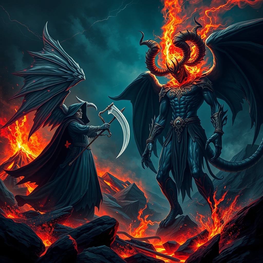 An impressive and dramatic scene depicting the confrontation between Samael and Satan in a dark realm