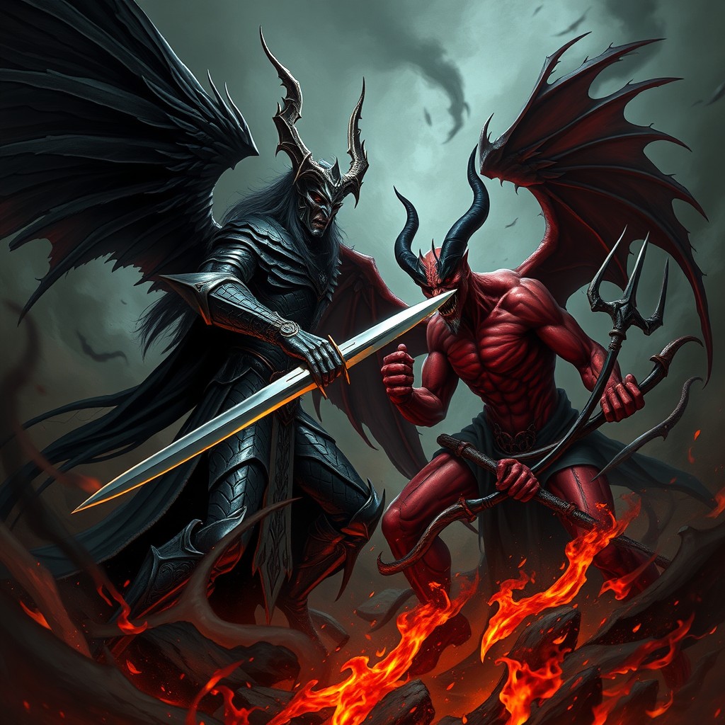 An intense and dramatic battle scene depicting Samael and Satan