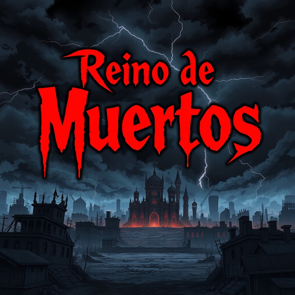 A dark anime style background featuring the title 'Reino de Muertos' in a striking blood-red font, vividly standing out