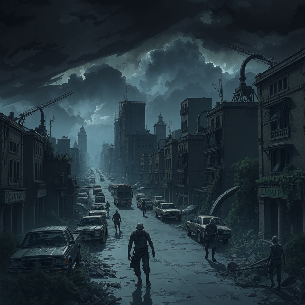 A dark anime style depiction of an apocalyptic city overrun by zombies