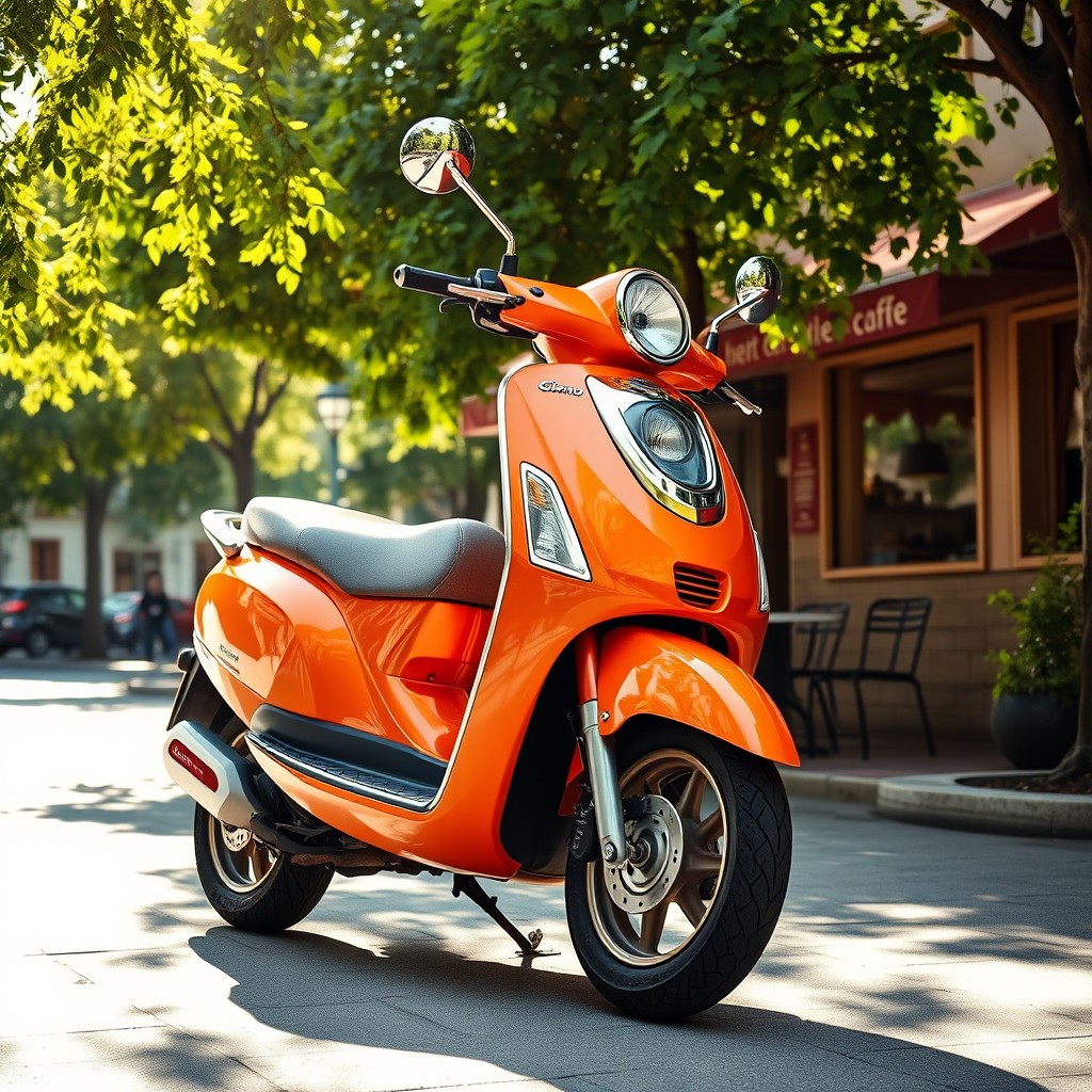 A vibrant orange Honda Giorno scooter parked against a backdrop of a sunlit urban street