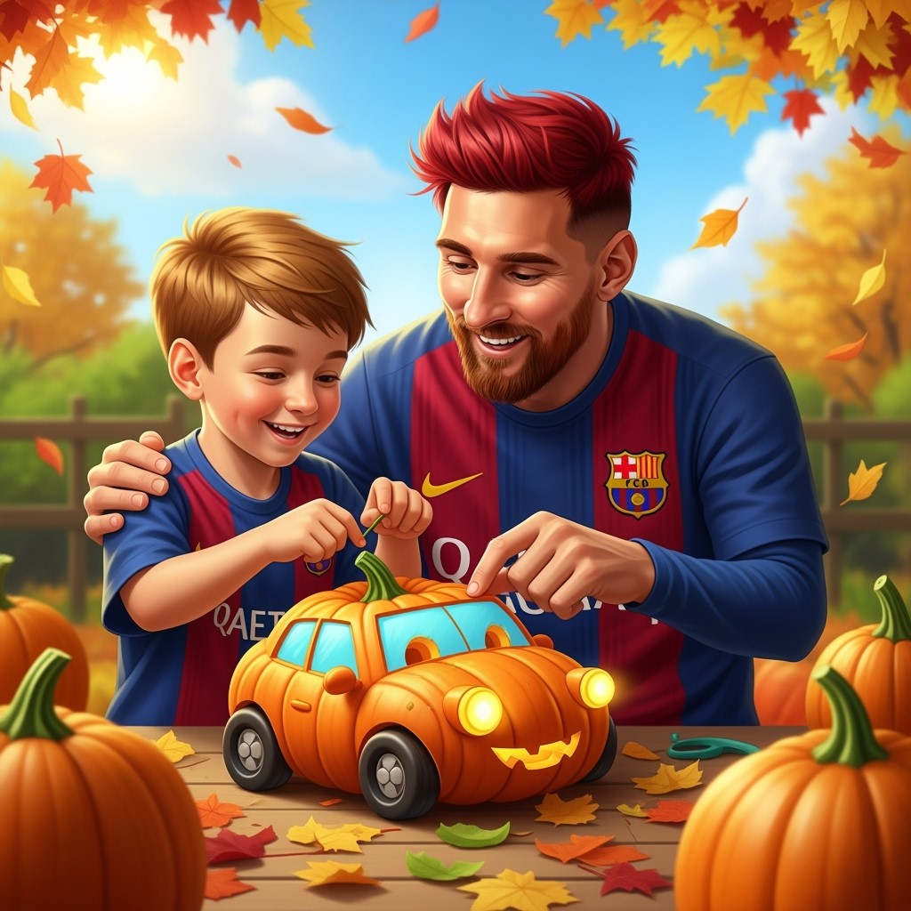 A heartwarming scene featuring a famous footballer, Messi, and his son joyfully crafting a pumpkin car together