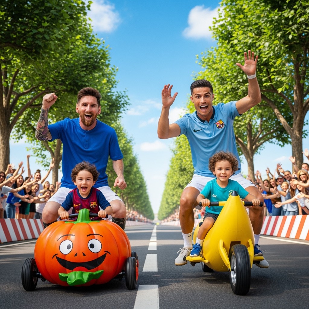 An exciting and vibrant scene of two famous footballers, Messi and Ronaldo, cheering enthusiastically as they watch a lively race between their sons, who are competing in a pumpkin car and a banana bike respectively