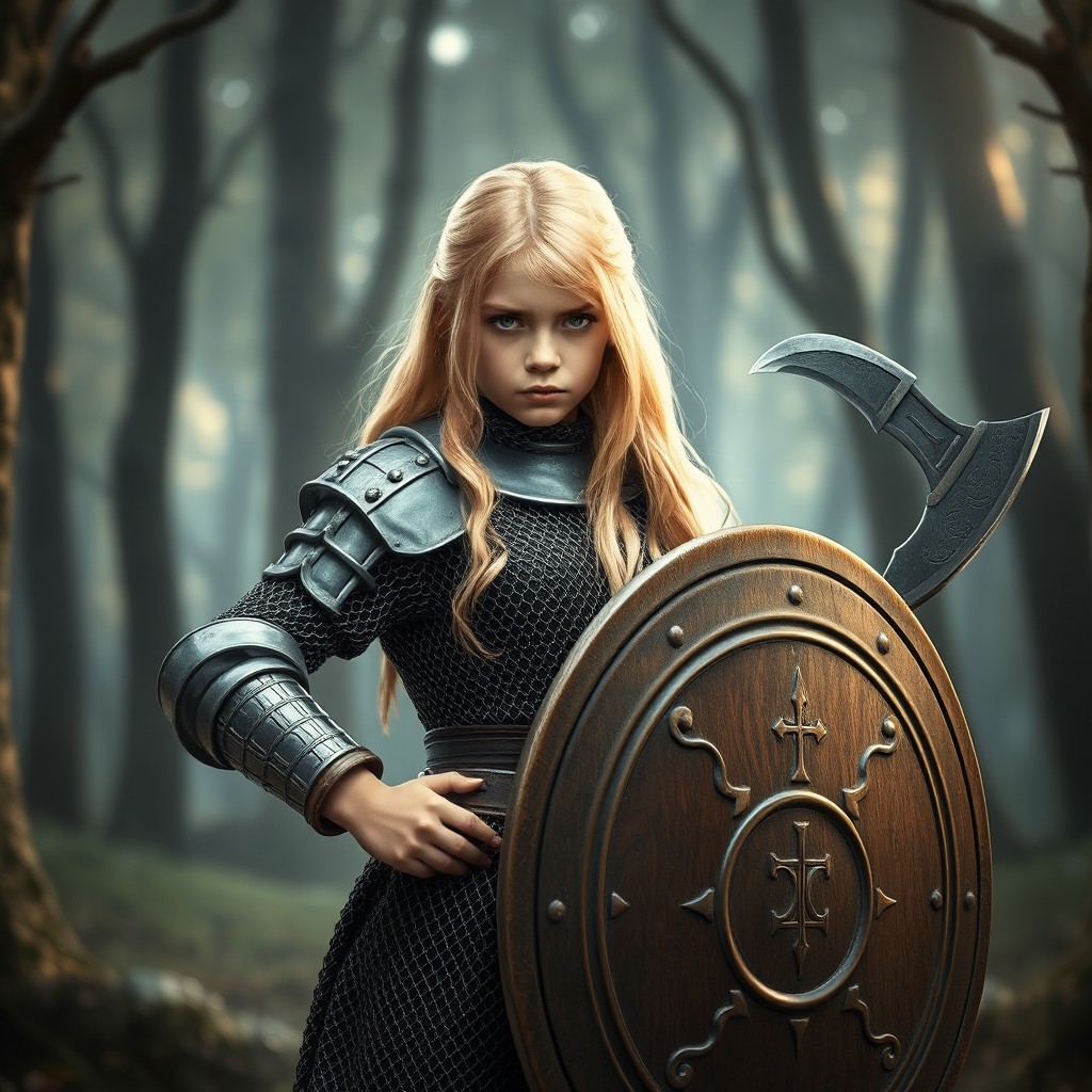 A blonde girl in medieval armor, specifically chainmail, standing confidently holding a large round shield and a battle axe