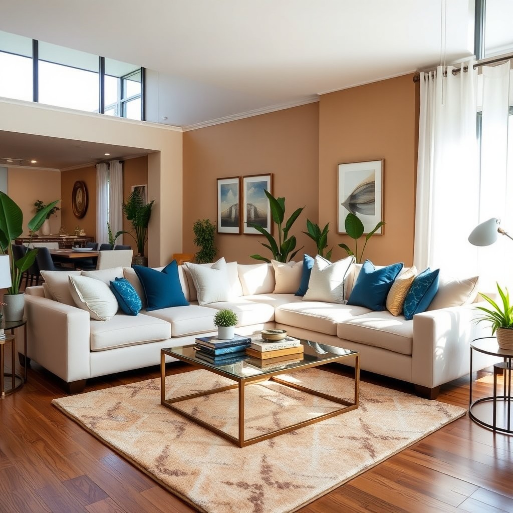 A beautifully designed living room interior, showcasing modern furniture with elegant lines