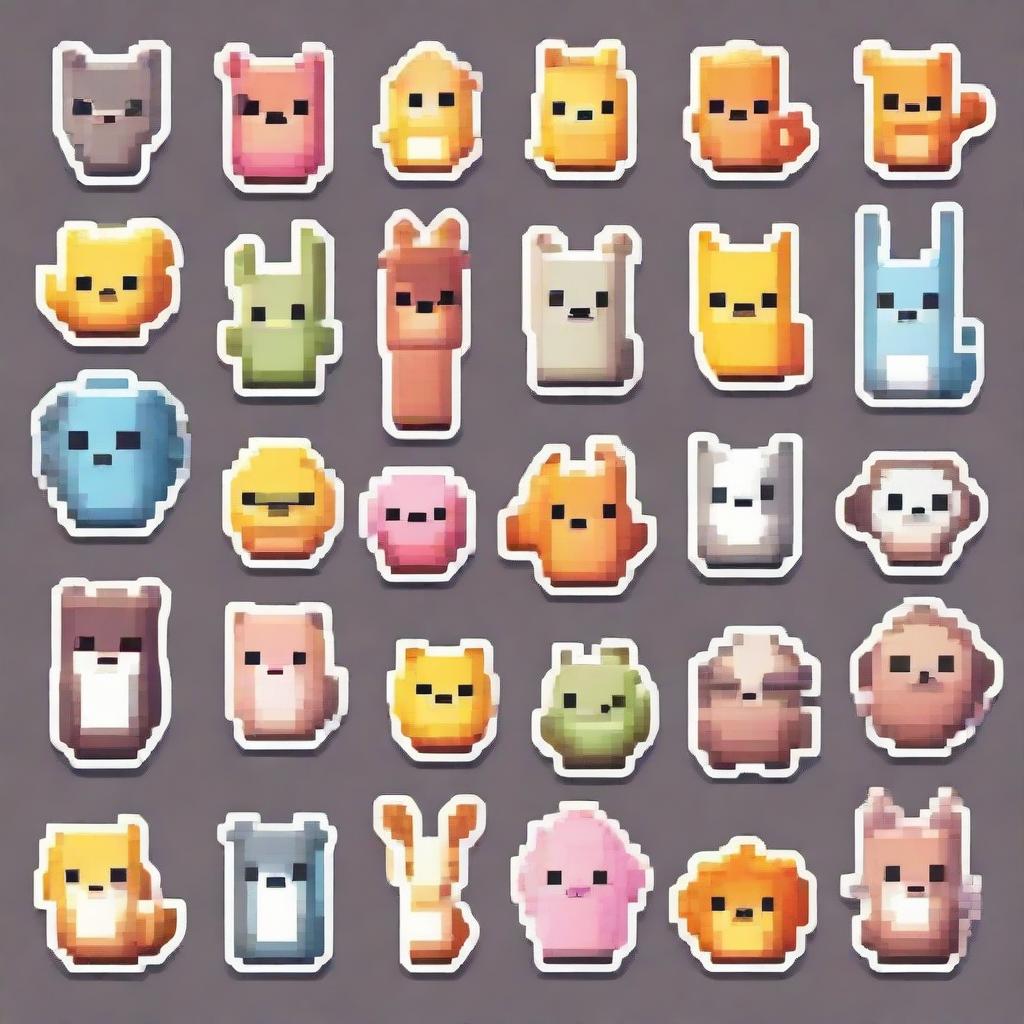 Create adorable stickers featuring pixel art versions of various animals and creatures.