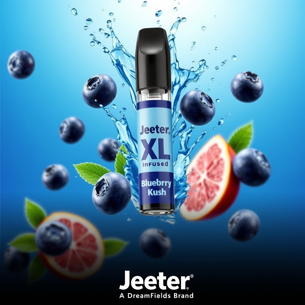A vibrant product advertisement featuring a vape cartridge or pre-roll tube floating in mid-air, surrounded by fresh, juicy blueberries and splashes of blue liquid