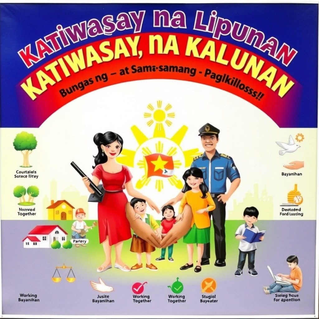 A colorful educational poster titled 'Matiwasay na Lipunan'