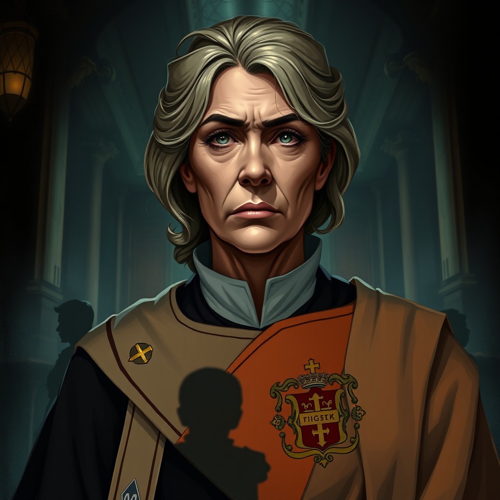 A portrait of a middle-aged woman wearing a ceremonial robe adorned with the city's crest, featuring a stylized shadow of a person