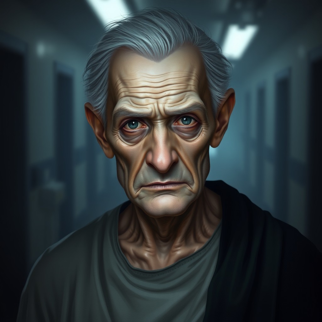 A portrait of an elderly man with pale skin, thin build, gray hair, and anxious eyes