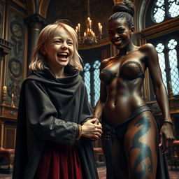 In a lavish medieval noble chamber, a very short, malnourished, yet extremely joyful blonde girl, age 19, with medium-length hair and bright blue eyes, is depicted exuberantly screaming in delight, her mouth wide open in an expression of ecstatic madness while furrowing her brow