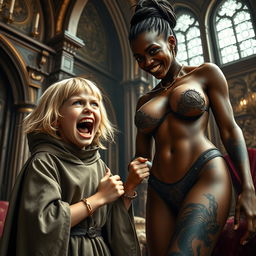 In a lavish medieval noble chamber, a very short, malnourished, yet extremely joyful blonde girl, age 19, with medium-length hair and bright blue eyes, is depicted exuberantly screaming in delight, her mouth wide open in an expression of ecstatic madness while furrowing her brow