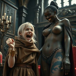 In a lavish medieval noble chamber, a very short, malnourished, yet extremely joyful blonde girl, age 19, with medium-length hair and bright blue eyes, is depicted exuberantly screaming in delight, her mouth wide open in an expression of ecstatic madness while furrowing her brow