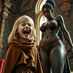 In an opulent medieval noble chamber, a very short, malnourished yet exuberantly happy blonde girl, age 19, with medium-length hair and bright blue eyes, is depicted joyfully screaming with a wild expression, her mouth wide open and furrowing her brow in delight